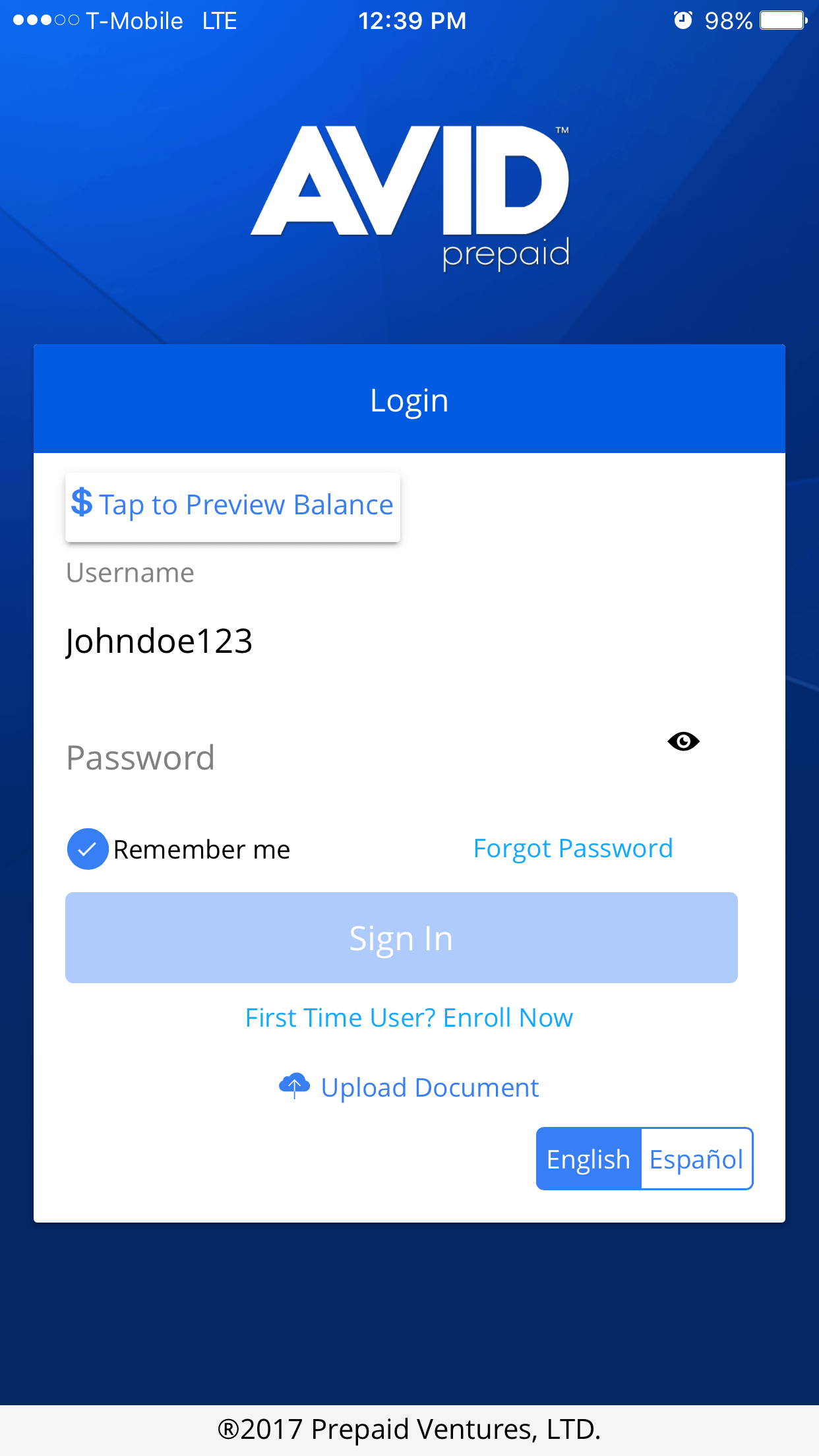 Avid Prepaid Mobile App's login screen with options to preview the balance, upload a document, or enroll now.