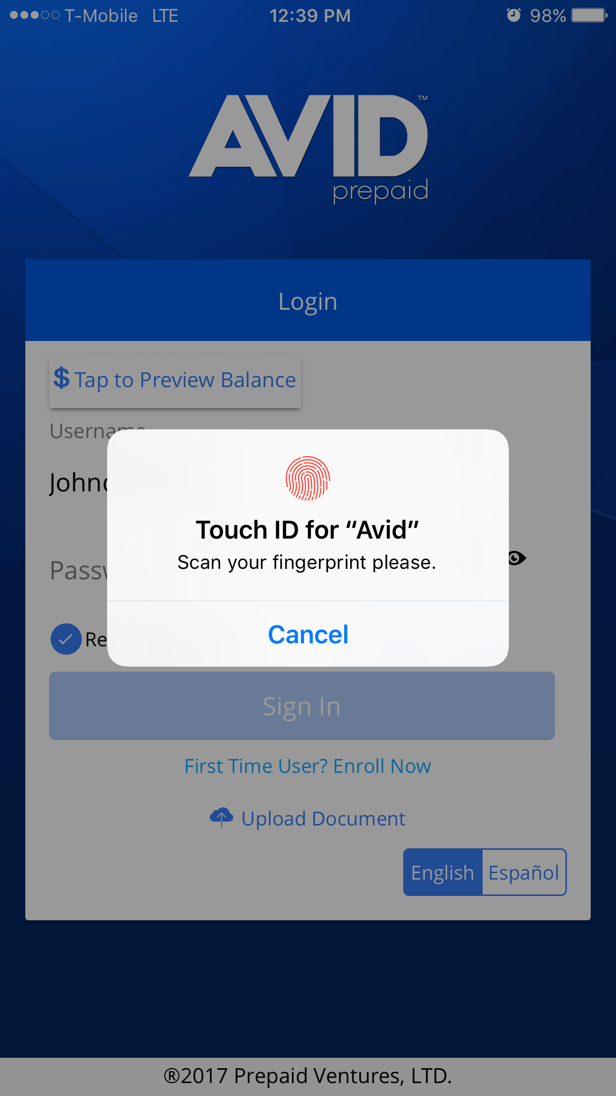 Avid Prepaid Mobile App's fingerprint scan to login.