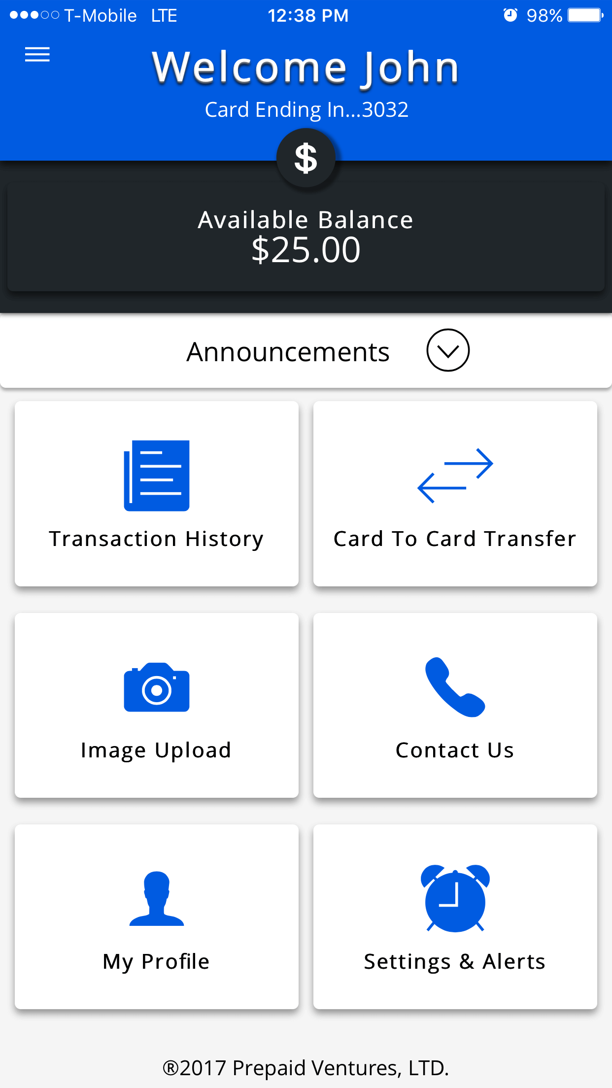 Avid Prepaid Mobile App's account overview page with various tiles: Transaction History, Card to Card Transfer, Image Upload, Contact Us, My Profile and Settings & Alerts.