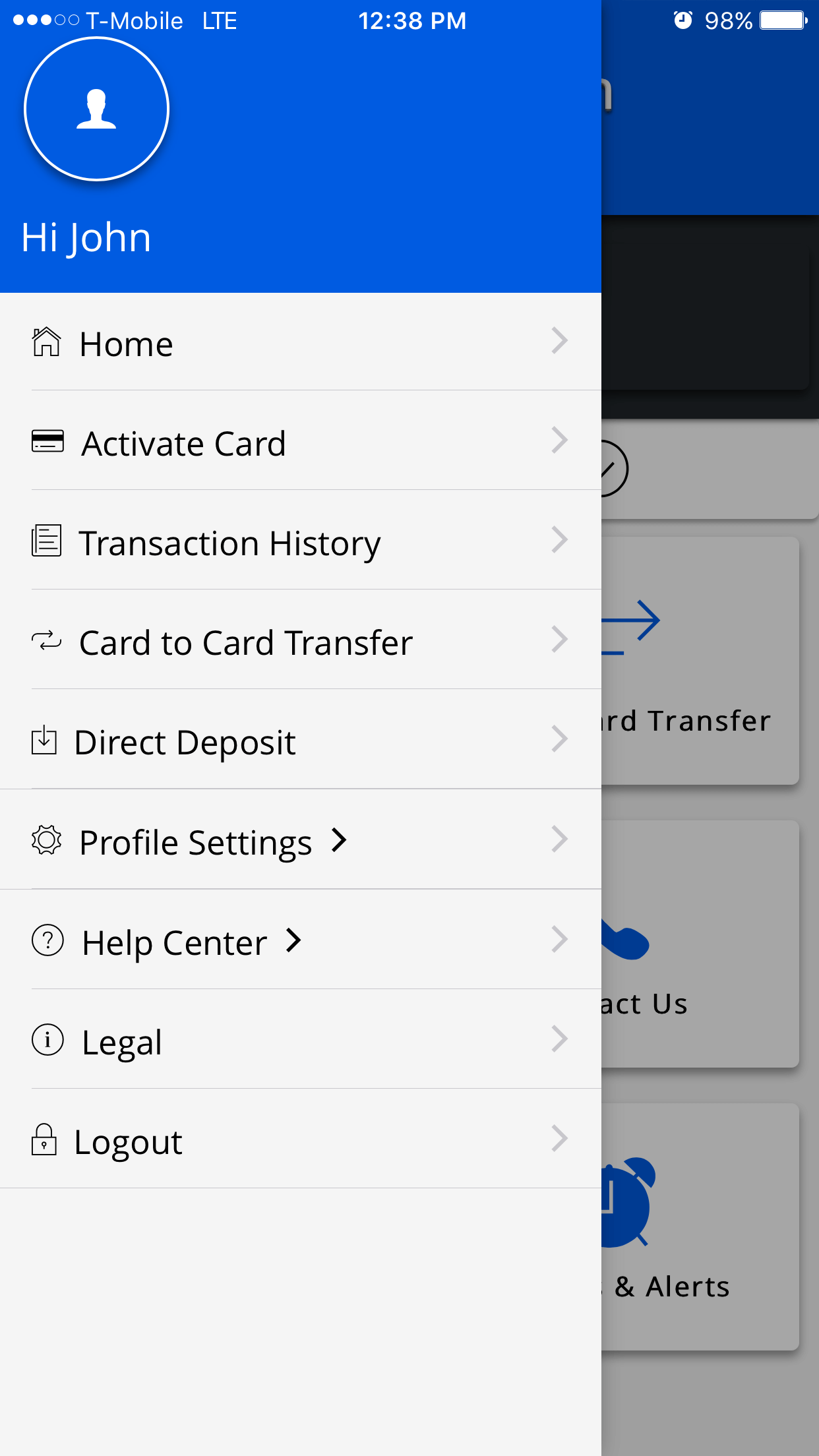 Avid Prepaid Mobile App's navigation menu.