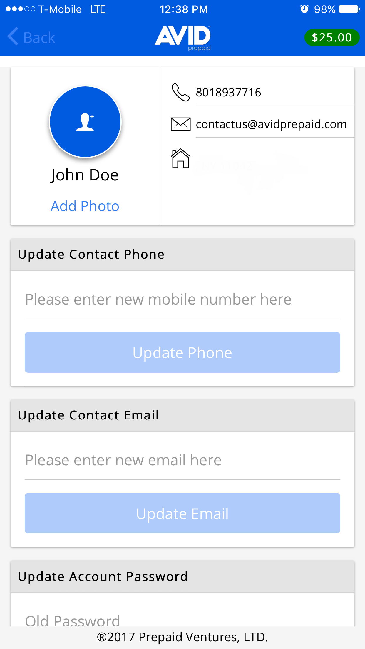 Avid Prepaid Mobile App's profile settings page where the user can update their phone, email and password.